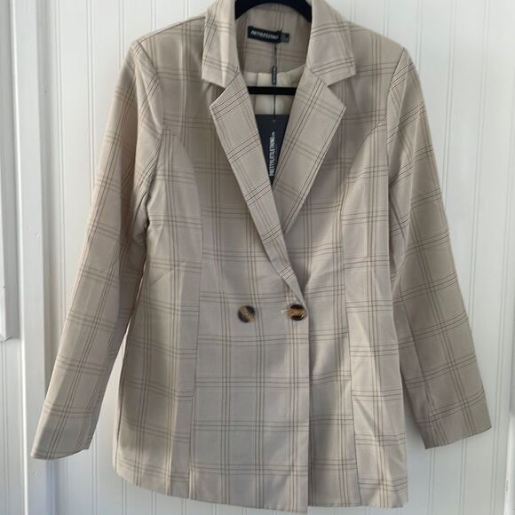 PRETTYLITTLETHING women’s loose fit stone checked woven blazer NWT size 4 - Picture 3 of 16
